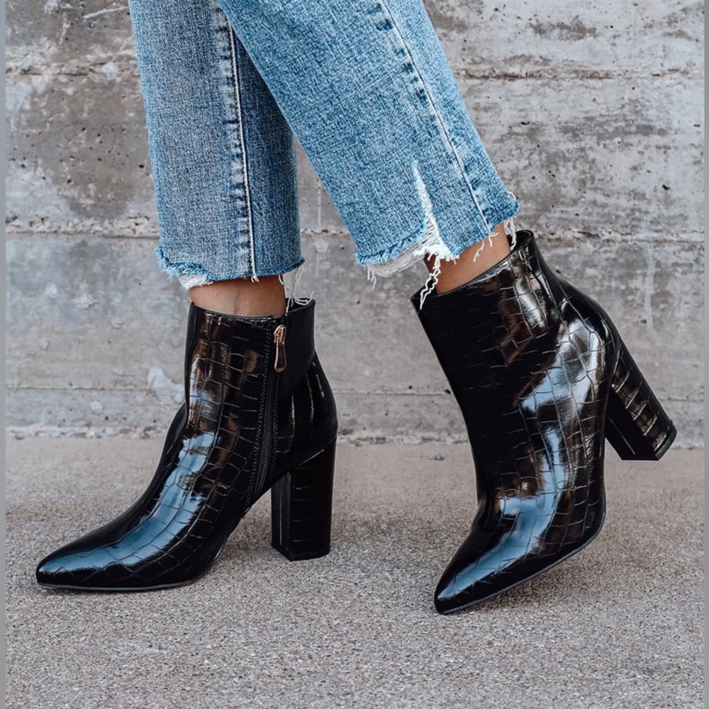 Lulus Ottava Black Crocodile-Embossed High Heel Booties